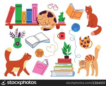 Books and cats. Study cat and book piles, bookstore hygge elements. Read or storytelling, cozy home library bookshelves. Study decent vector elements. Illustration of library and cute cat. Books and cats. Study cat and book piles, bookstore hygge elements. Read or storytelling, cozy home library bookshelves. Study decent vector elements