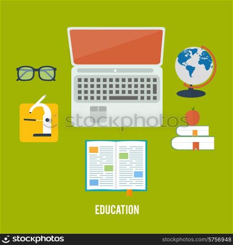 Books and laptop in flat design. Education concept