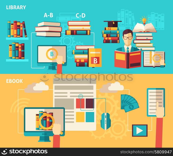 Books And Library Flat Banner Set. Electronic books and paper library search download and read flat color horizontal banner set isolated vector illustration