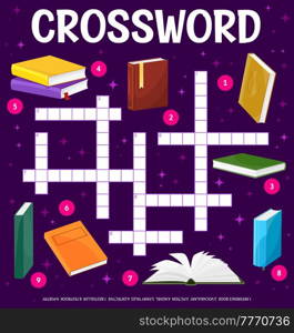 Books and literature crossword grid worksheet. Find a word quiz game, kids text riddle or children vocabulary tests book vector page, child playing activity. Kids intelligence puzzle with books. Books and literature crossword grid worksheet