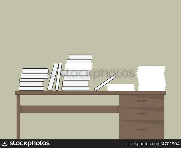 Books and paper on the table. Vector illustration