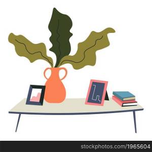 Books and picture in frame, modern vase with handles with flowers with green leaves. Coffee table furniture, composition in shop or store, minimalist and scandinavian look. Vector in flat style. Coffee table with vase and flower, books picture