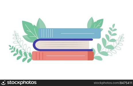 Books and plant branches semi flat color vector object. Home decor. Reading. Full sized item on white. Floral ornament simple cartoon style illustration for web graphic design and animation. Books and plant branches semi flat color vector object