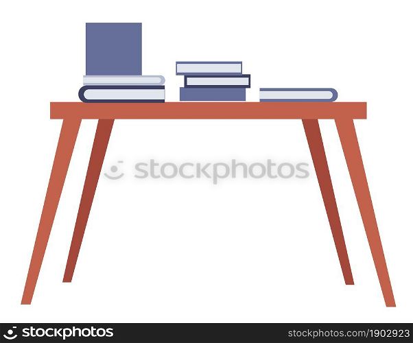 Books and publications in hardcover, isolated table with textbooks and volumes for students and teachers, pupils and adults. Public library or advertisement, science and research. Vector in flat style. Table with books and publications in hardcovers