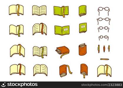 Books and textbooks school doodle icons collection. Learning and education symbol set. Hand drawn vector illustration for decor and design.