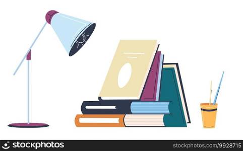 Books and textbooks with modern l&, pencils and pens in cups. Office or school supplies, publications for students and children. Studying and learning, development of skills, vector in flat style. Pile of books with pencils and l&vector
