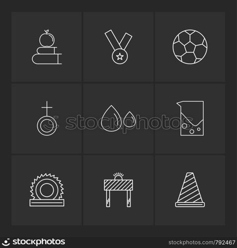 Books , apple , football , cone , medal , jug , male , drops, cutter , saw , wood cutter ,icon, vector, design, flat, collection, style, creative, icons