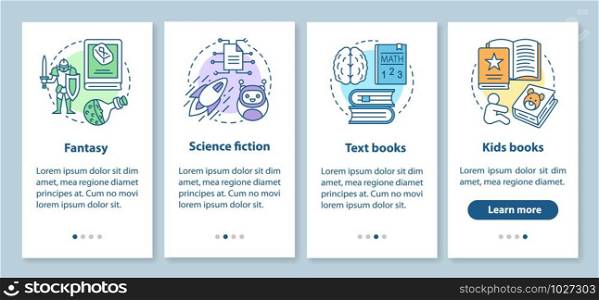Books catalogue onboarding mobile app page screen with linear concepts. Fantasy, science fiction, kids books walkthrough steps graphic instructions. UX, UI, GUI vector template with illustrations