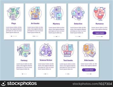 Books catalogue onboarding mobile app page screen with linear concepts. Different book genres walkthrough steps graphic instructions set. UX, UI, GUI vector template with illustrations