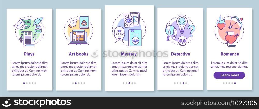 Books catalogue onboarding mobile app page screen with linear concepts. Different book genres 5 walkthrough steps graphic instructions. UX, UI, GUI vector template with illustrations