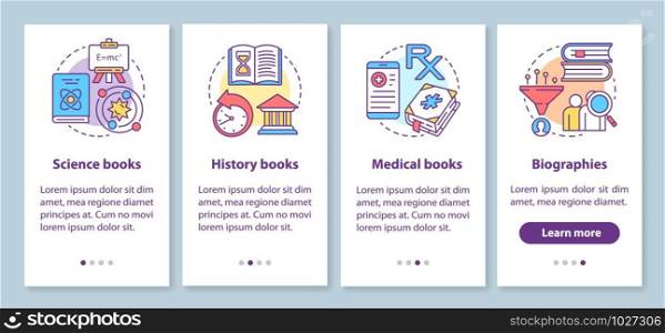 Books catalogue onboarding mobile app page screen with linear concepts. Different book genres walkthrough steps graphic instructions. UX, UI, GUI vector template with illustrations