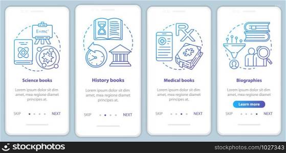 Books catalogue onboarding mobile app page screen with linear concepts. Different book genres walkthrough steps graphic instructions in blue. UX, UI, GUI vector template with illustrations
