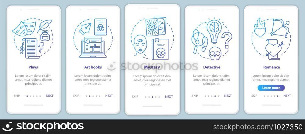 Books catalogue onboarding mobile app page screen with linear concepts. Different book genres 5 walkthrough steps graphic instructions in blue. UX, UI, GUI vector template with illustrations