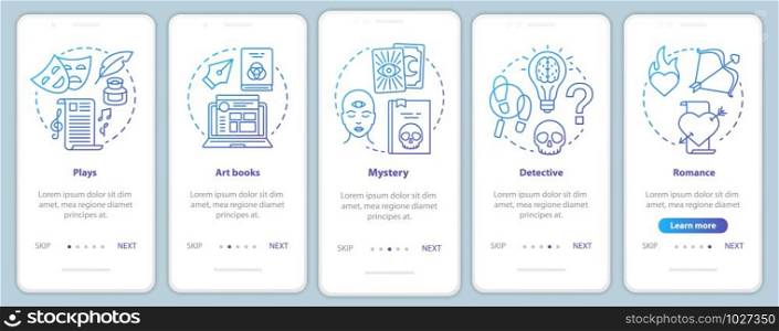 Books catalogue onboarding mobile app page screen with linear concepts. Different book genres 5 walkthrough steps graphic instructions in blue. UX, UI, GUI vector template with illustrations