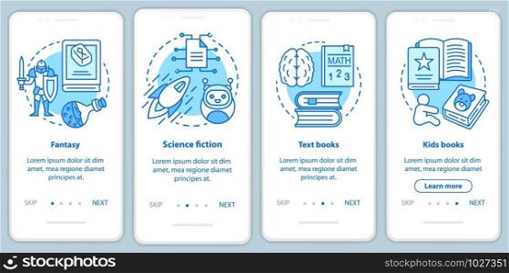 Books catalogue onboarding mobile app page screen with linear concepts. Fantasy, science fiction, kids books walkthrough steps graphic instructions. UX, UI, GUI vector template with illustrations