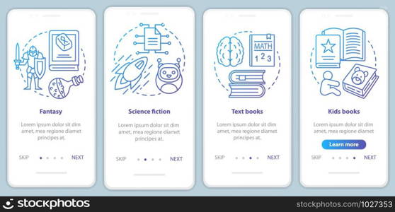 Books catalogue onboarding mobile app page screen with linear concepts. Fantasy, sci fi, kids books walkthrough steps graphic instructions in blue. UX, UI, GUI vector template with illustrations