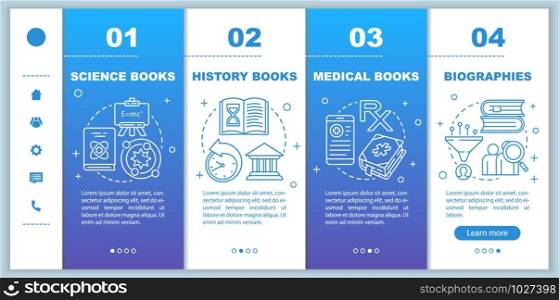 Books catalogue onboarding mobile web pages vector template. Responsive smartphone website interface idea with linear illustrations. Different genres. Webpage walkthrough step screens. Color concept