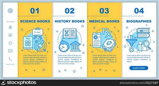 Books catalogue onboarding mobile web pages vector template. Book genres. Responsive smartphone website interface idea with linear illustrations. Webpage walkthrough step screens. Color concept