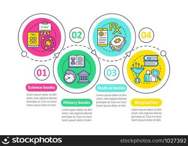 Books catalogue vector infographic template. Genres. Business presentation design elements. Data visualization with 4 steps and options. Process timeline chart. Workflow layout with linear icons