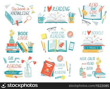 Books collection. Hand drawn lettering books concept, pile of books, reading library, open and close books vector illustration icons set. Textbook pile and lettering, education studying and reading. Books collection. Hand drawn lettering books concept, pile of books, reading library equipment, open and close books vector illustration icons set