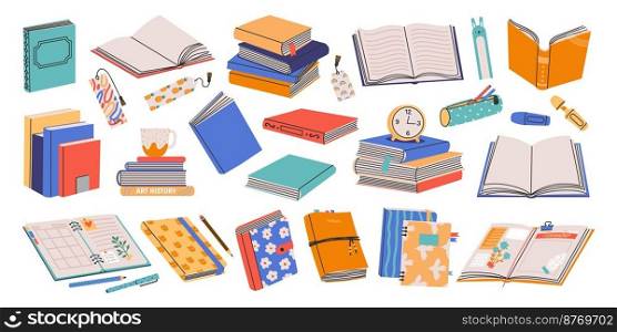 Books collection. Stack of open closed paper notebook diary textbook dictionary planners with bookmarks, cartoon literature. Vector colorful collection of notebook paper, page of book illustration. Books collection. Stack of open closed paper notebook diary textbook dictionary planners with bookmarks, cartoon literature objects. Vector colorful collection