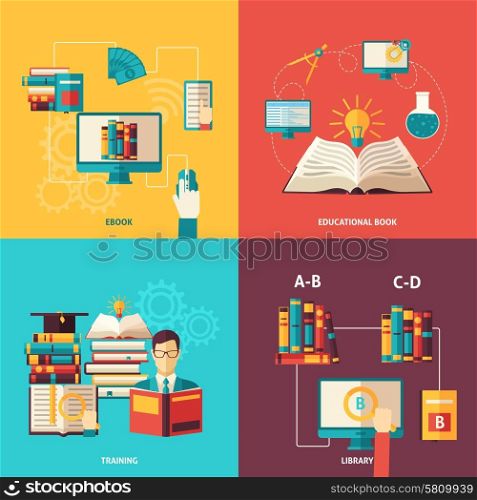 Books Decorative Icon Set. Electronic and paper books and library education and training flat color icon set isolated vector illustration
