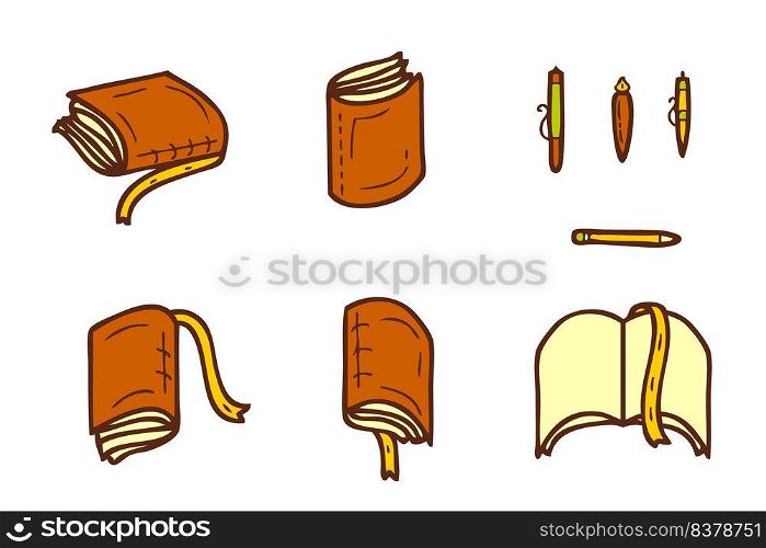 Books doodle icons collection isolated on white background. Knowledge and education symbol set. Hand drawn vector illustration for decor and design.