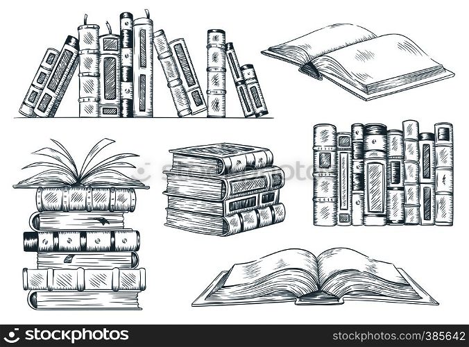 Books engraving. Vintage open book engrave sketch drawn. Hand drawing student reading textbook. Sketched notebook or literature library books sketching. Vector illustration isolated signs set. Books engraving. Vintage open book engrave sketch drawn. Hand drawing student reading textbook vector illustration