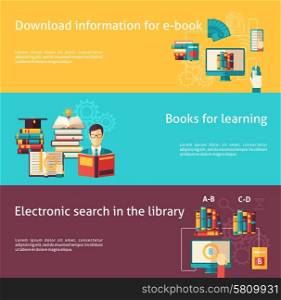 Books Flat Banner Set. Electronic library and paper books for study and learning flat color horizontal banner set isolated vector illustration