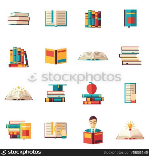 Books Flat Icon Set. Books readers volumes open in piles sets and stacks flat color icon set isolated vector illustration