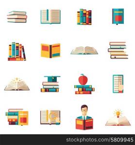 Books Flat Icon Set. Books readers volumes open in piles sets and stacks flat color icon set isolated vector illustration