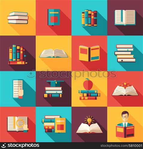 Books Flat Long Shadow Icon Set. Library book volume set search and reading flat color long shadow icon set isolated vector illustration