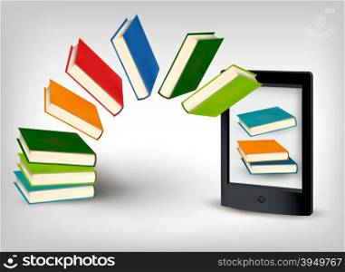 Books flying in a tablet. Vector illustration.