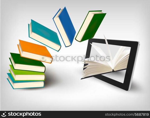 Books flying in a tablet. Vector illustration.