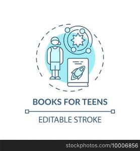 Books for teens concept icon. Online library categories idea thin line illustration. New technologies. mportant educational matherials. Vector isolated outline RGB color drawing. Editable stroke. Books for teens concept icon