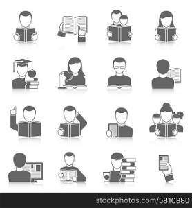 Books Icons Set. Books and reading black white icons set with tales education and people flat shadow isolated vector illustration