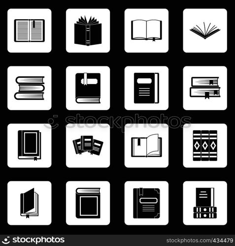 Books icons set in white squares on black background simple style vector illustration. Books icons set squares vector