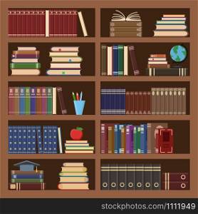 Books in bookcase seamless pattern. School book, science literature textbook, dictionary and magazines stack at university old library bookshelf. College textbooks or bookshop retro vector background