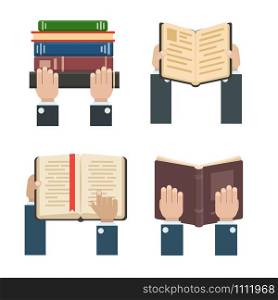 Books in hands. Reading library book. Hand holding textbook, ebook notebook document page, read learning and university education study reader knowledge, bookstore flat illustration