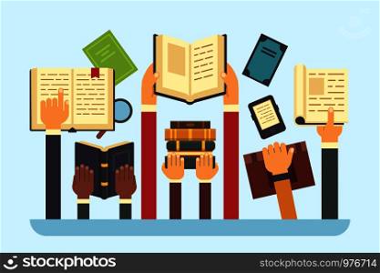 Books in hands. Reading library book. Hand holding textbook, ebook notebook document page, read learning and university education study reader knowledge, bookstore flat vector illustration. Books in hands. Reading library book. Hand holding textbook, read and education flat vector illustration