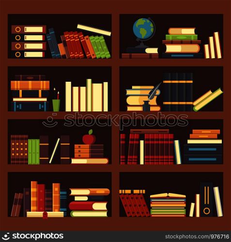 Books in library bookcase. Encyclopedia book at bookshelf. Pile textbooks, bookstore shelf and science magazines books at bookshelves, school education flat vector background illustration. Books in library bookcase. Encyclopedia book at bookshelf. Pile textbooks and magazines at bookshelves vector background illustration