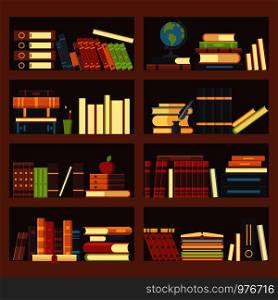 Books in library bookcase. Encyclopedia book at bookshelf. Pile textbooks, bookstore shelf and science magazines books at bookshelves, school education flat vector background illustration. Books in library bookcase. Encyclopedia book at bookshelf. Pile textbooks and magazines at bookshelves vector background illustration