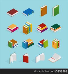 Books Isometric Icons Set. Set of isometric icons with books in colorful covers with bookmarks on blue background isolated vector illustration
