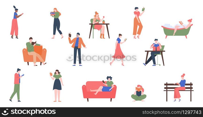 Books lovers. Reading people, knowledge and education library concept, literature readers, man and woman holding books vector illustration set. Reader lover reading book, people education. Books lovers. Reading people, knowledge and education library concept, literature readers, man and woman holding books vector illustration set