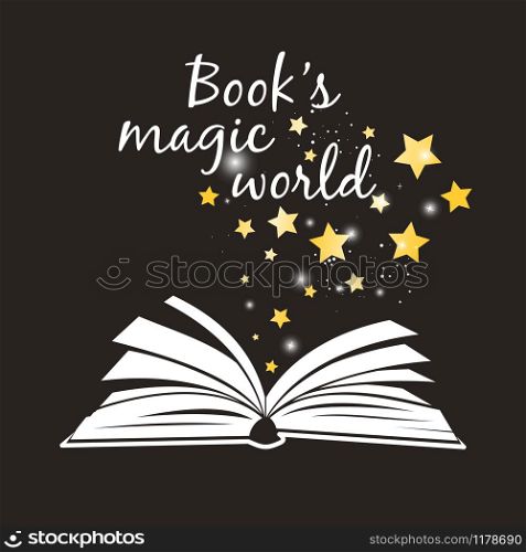 Books Magic world poster. Open book with white pages and golden magical asterisks vector illustration. Books Magic world poster. Open book with white pages and golden magical asterisks vector