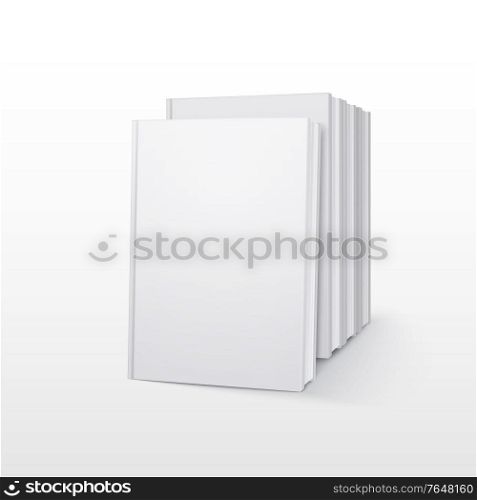 Books mockup composition with realistic images of non-labeled white books standing in row with shadows vector illustration