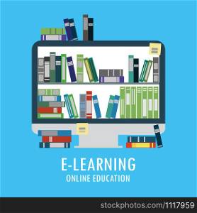 Books on monitor screen,online library,education concept flat design,vector illustration. Books on monitor screen,online library,education concept