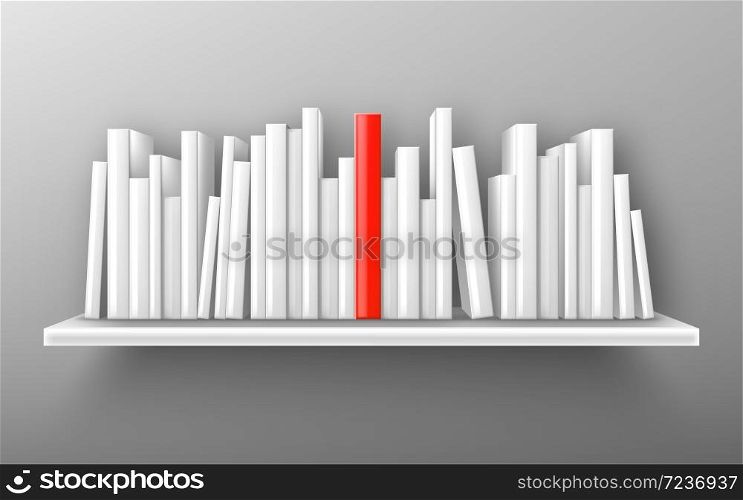 Books on white bookshelf, bestseller mockup with red cover stand on shelf in library or store. Booklets, diary volumes with empty spines stand in row at rack hang on wall, realistic 3d vector mock up. Books on white bookshelf, bestseller vector mockup