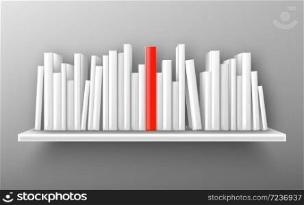 Books on white bookshelf, bestseller mockup with red cover stand on shelf in library or store. Booklets, diary volumes with empty spines stand in row at rack hang on wall, realistic 3d vector mock up. Books on white bookshelf, bestseller vector mockup
