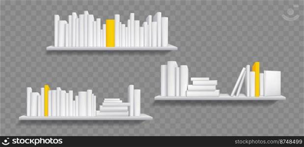 Books on white bookshelf, bestseller mockup with yellow cover stand on shelf in library or store. Booklets, diary volumes with empty spines stand on rack hanging on wall, Realistic 3d vector mock up. Books on white bookshelf, bestseller vector mockup